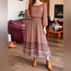 Vintage England Made Pheasant Midi Metallic- Polyester Brown Dress Size UK 14